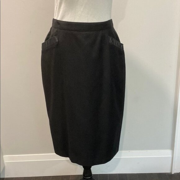 Vintage Black Wool Pencil Skirt with leather trim Size XL by Garey Petites - Picture 3 of 12